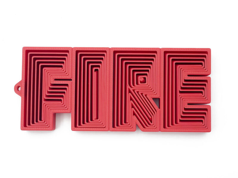 FIRE fidget toy in red, 3D-printed flexible word with nested letters