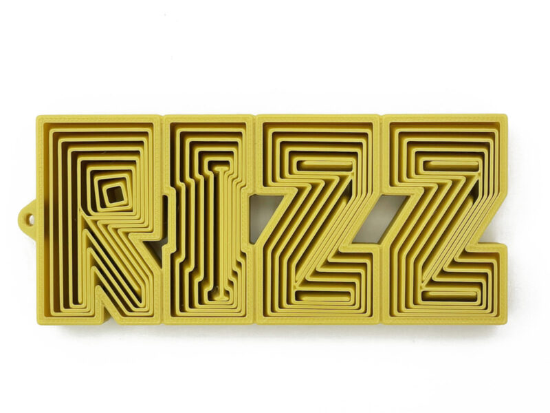 RIZZ fidget toy in blue, charismatic 3D-printed flexible word with layered letters